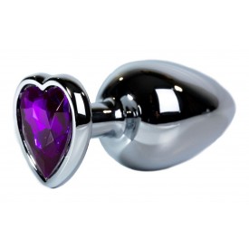 Серебристая анальная пробка с фиолетовым кристаллом-сердцем размера L - 9,5 см.